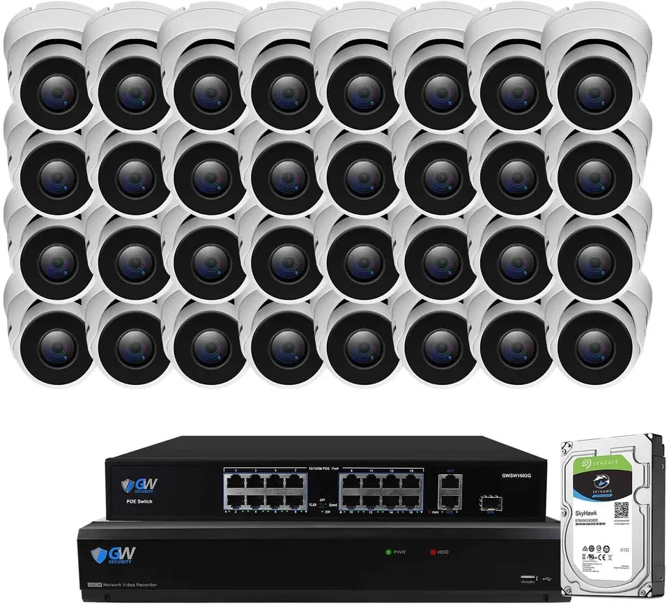 GW Security 32 Channel PoE NVR UltraHD 4K Smart AI Security Camera System with 32 x 4K (8MP) IP Microphone Dome Camera, 100ft Night Vision, Face/Human/Vehicle Detection Waterproof Surveillance Camera
